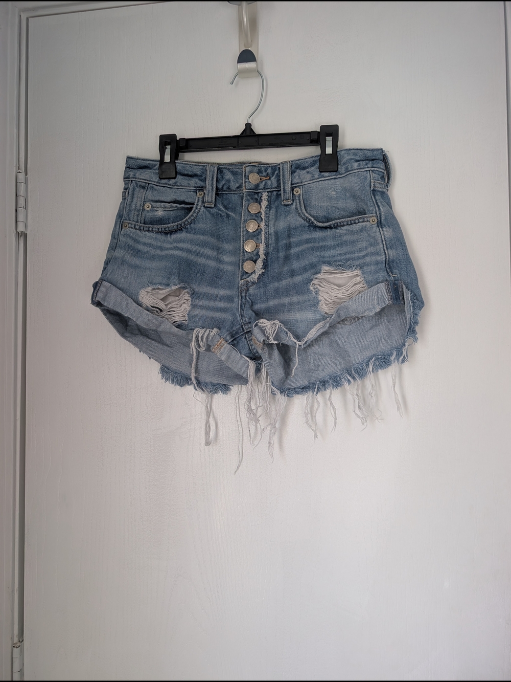 We The Free Light Blue Distressed Button-Front Denim Shorts